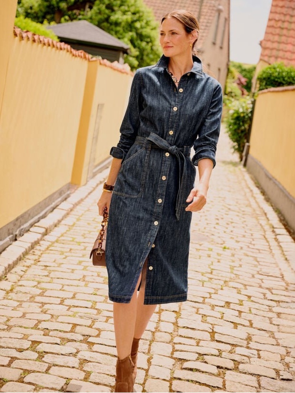 DENIM TIE WAIST MIDI SHIRTDRESS - MIDNIGHT WASH